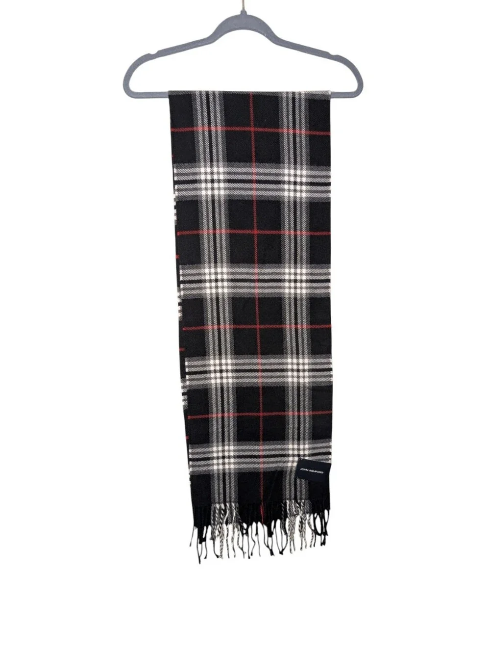 NWT John Ashford Plaid Scarf Black White plaid Fringe Winter Tartan Heritage
